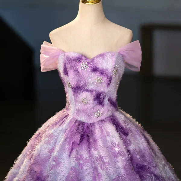 Amazing / Unique Lilac Tassel Rhinestone Sequins Prom Dresses 2025 Ball Gown Off-The-Shoulder Short Sleeve Backless Floor-Length / Long Prom Formal Dresses