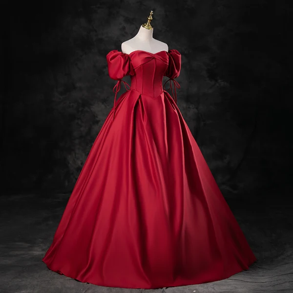 Elegante Burgunderrot Satin Ballkleider 2023 Ballkleid Off Shoulder Geschwollenes Kurze Ärmel Rückenfreies Lange Ball Festliche Kleider