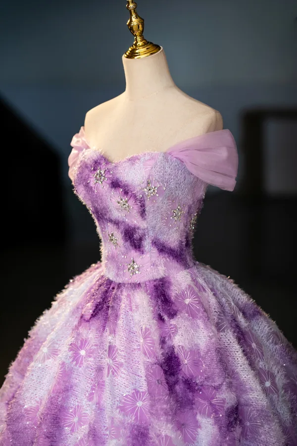 Amazing / Unique Lilac Tassel Rhinestone Sequins Prom Dresses 2025 Ball Gown Off-The-Shoulder Short Sleeve Backless Floor-Length / Long Prom Formal Dresses