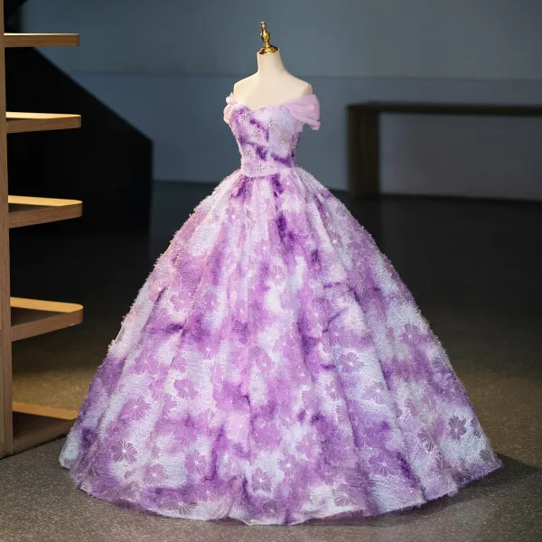 Amazing / Unique Lilac Tassel Rhinestone Sequins Prom Dresses 2025 Ball Gown Off-The-Shoulder Short Sleeve Backless Floor-Length / Long Prom Formal Dresses