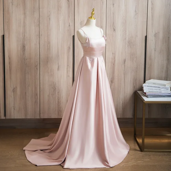 Schöne Rosa Perle Satin Ballkleider 2024 A Linie Spaghettiträger Ärmellos Rückenfreies Sweep / Pinsel Zug Ball Festliche Kleider