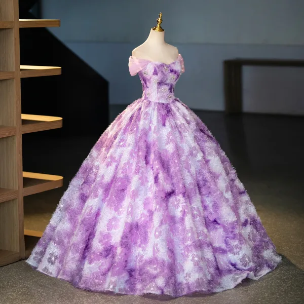 Amazing / Unique Lilac Tassel Rhinestone Sequins Prom Dresses 2025 Ball Gown Off-The-Shoulder Short Sleeve Backless Floor-Length / Long Prom Formal Dresses