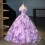 Amazing / Unique Lilac Tassel Rhinestone Sequins Prom Dresses 2025 Ball Gown Off-The-Shoulder Short Sleeve Backless Floor-Length / Long Prom Formal Dresses