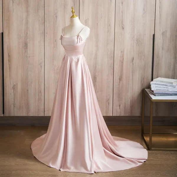 Schöne Rosa Perle Satin Ballkleider 2024 A Linie Spaghettiträger Ärmellos Rückenfreies Sweep / Pinsel Zug Ball Festliche Kleider