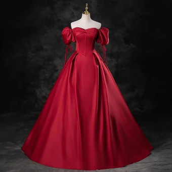 Élégant Bordeaux Satin Robe De Bal 2023 Robe Boule De L Épaule Gonflée Manches Courtes Dos Nu Longue Promo Robe De Ceremonie