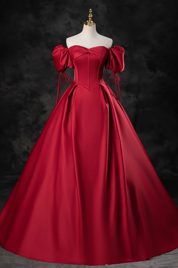 Elegante Burgunderrot Satin Ballkleider 2023 Ballkleid Off Shoulder Geschwollenes Kurze Ärmel Rückenfreies Lange Ball Festliche Kleider