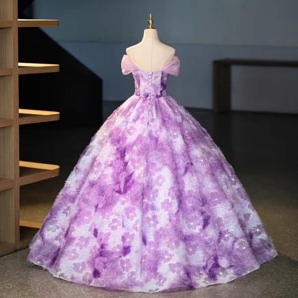 Amazing / Unique Lilac Tassel Rhinestone Sequins Prom Dresses 2025 Ball Gown Off-The-Shoulder Short Sleeve Backless Floor-Length / Long Prom Formal Dresses