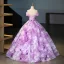 Amazing / Unique Lilac Tassel Rhinestone Sequins Prom Dresses 2025 Ball Gown Off-The-Shoulder Short Sleeve Backless Floor-Length / Long Prom Formal Dresses