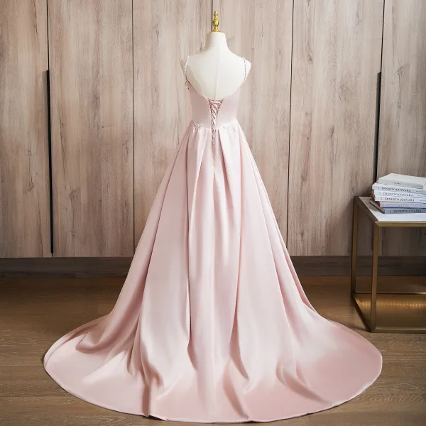 Schöne Rosa Perle Satin Ballkleider 2024 A Linie Spaghettiträger Ärmellos Rückenfreies Sweep / Pinsel Zug Ball Festliche Kleider