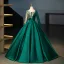 Vintage / Retro Dark Green Beading Sequins Satin Prom Dresses 2025 Ball Gown Scoop Neck Long Sleeve Floor-Length / Long Prom Formal Dresses