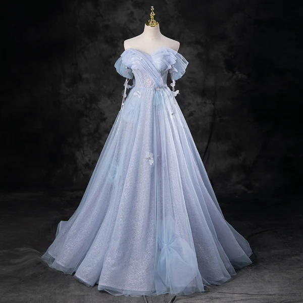 Charming Sky Blue Pearl Appliques Prom Dresses 2023 Ball Gown Off-The-Shoulder Sleeveless Backless Floor-Length / Long Prom Formal Dresses