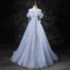 Charming Sky Blue Pearl Appliques Prom Dresses 2023 Ball Gown Off-The-Shoulder Sleeveless Backless Floor-Length / Long Prom Formal Dresses