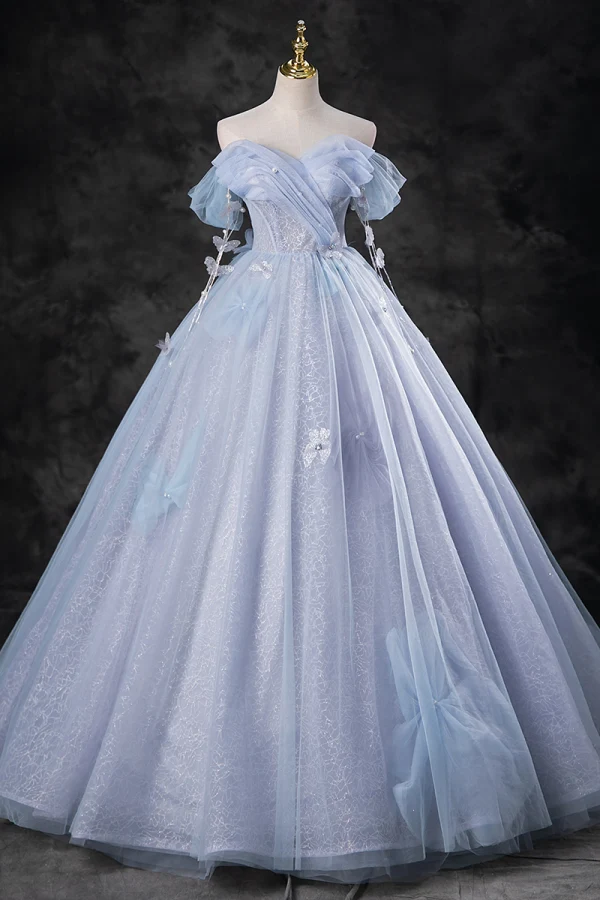 Charming Sky Blue Pearl Appliques Prom Dresses 2023 Ball Gown Off-The-Shoulder Sleeveless Backless Floor-Length / Long Prom Formal Dresses