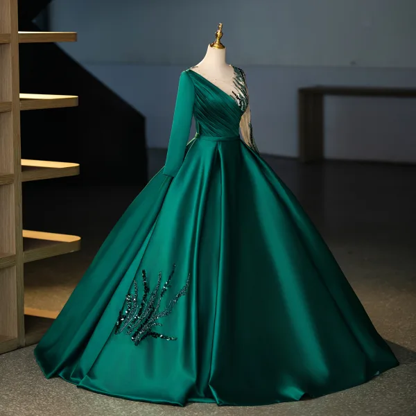 Vintage / Retro Dark Green Beading Sequins Satin Prom Dresses 2025 Ball Gown Scoop Neck Long Sleeve Floor-Length / Long Prom Formal Dresses