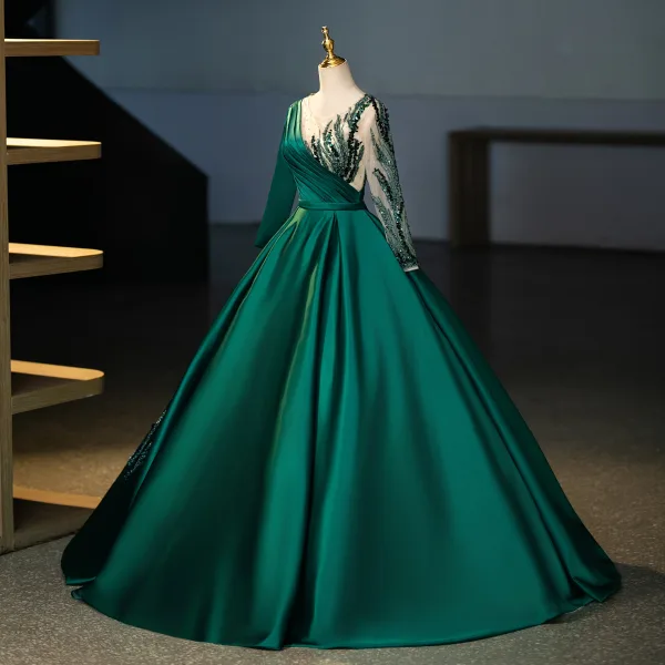 Vintage / Retro Dark Green Beading Sequins Satin Prom Dresses 2025 Ball Gown Scoop Neck Long Sleeve Floor-Length / Long Prom Formal Dresses