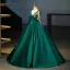 Vintage / Retro Dark Green Beading Sequins Satin Prom Dresses 2025 Ball Gown Scoop Neck Long Sleeve Floor-Length / Long Prom Formal Dresses