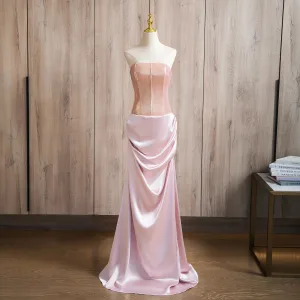 Sexy Rødmende Rosa Satin Ballkjoler 2024 Trompet Havfrue Strapless Uten Ermer Ryggløse Feie Tog Ball Formelle Kjoler