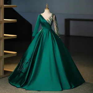Vintage Retro Dark Green Beading Sequins Satin Prom Dresses 2025 Ball Gown Scoop Neck Long Sleeve Floor Length Long Prom Formal Dresses