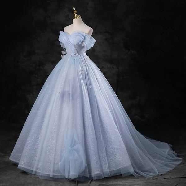 Charming Sky Blue Pearl Appliques Prom Dresses 2023 Ball Gown Off-The-Shoulder Sleeveless Backless Floor-Length / Long Prom Formal Dresses
