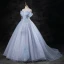 Charming Sky Blue Pearl Appliques Prom Dresses 2023 Ball Gown Off-The-Shoulder Sleeveless Backless Floor-Length / Long Prom Formal Dresses