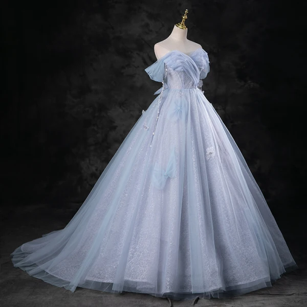 Charming Sky Blue Pearl Appliques Prom Dresses 2023 Ball Gown Off-The-Shoulder Sleeveless Backless Floor-Length / Long Prom Formal Dresses