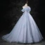 Charming Sky Blue Pearl Appliques Prom Dresses 2023 Ball Gown Off-The-Shoulder Sleeveless Backless Floor-Length / Long Prom Formal Dresses