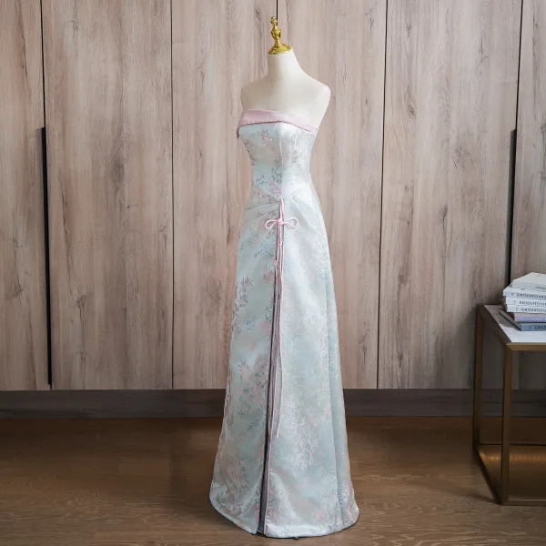 Chinese style Sky Blue Pearl Printing Split Front Prom Dresses 2024 A-Line / Princess Strapless Sleeveless Backless Floor-Length / Long Prom Formal Dresses