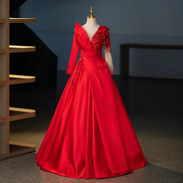 Vintage / Retro Red Beading Appliques Prom Dresses 2024 Ball Gown V-Neck Long Sleeve Backless Floor-Length / Long Prom Formal Dresses