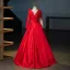 Vintage / Retro Red Beading Appliques Prom Dresses 2024 Ball Gown V-Neck Long Sleeve Backless Floor-Length / Long Prom Formal Dresses
