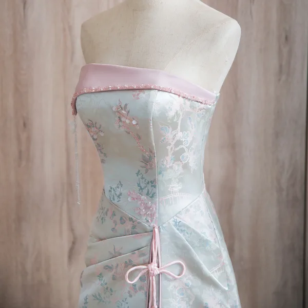 Chinese style Sky Blue Pearl Printing Split Front Prom Dresses 2024 A-Line / Princess Strapless Sleeveless Backless Floor-Length / Long Prom Formal Dresses