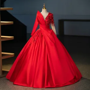 Vintage Originale Rouge Perlage Appliques Robe De Bal 2024 Robe Boule V Cou Manches Longues Dos Nu Longue Promo Robe De Ceremonie
