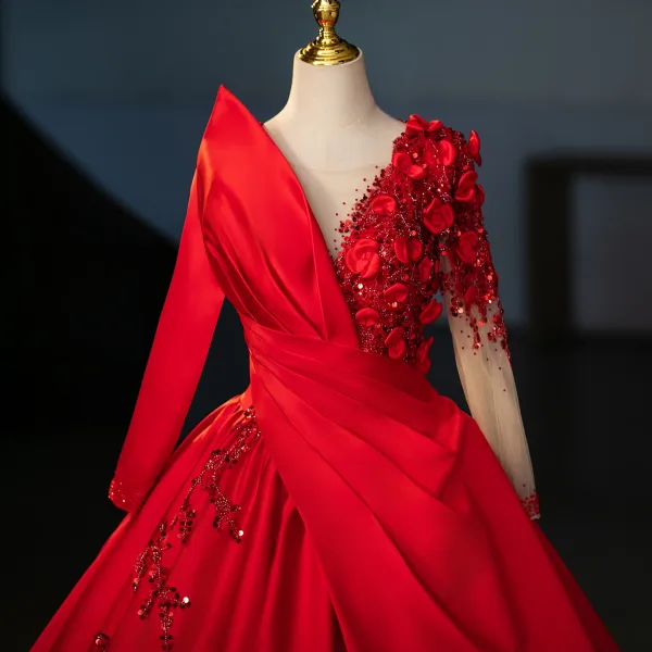 Vintage / Retro Red Beading Appliques Prom Dresses 2024 Ball Gown V-Neck Long Sleeve Backless Floor-Length / Long Prom Formal Dresses