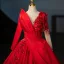 Vintage / Retro Red Beading Appliques Prom Dresses 2024 Ball Gown V-Neck Long Sleeve Backless Floor-Length / Long Prom Formal Dresses