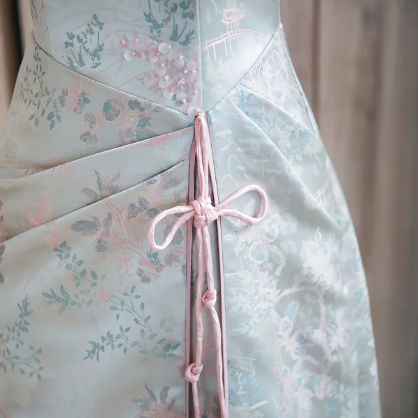 Chinese style Sky Blue Pearl Printing Split Front Prom Dresses 2024 A-Line / Princess Strapless Sleeveless Backless Floor-Length / Long Prom Formal Dresses
