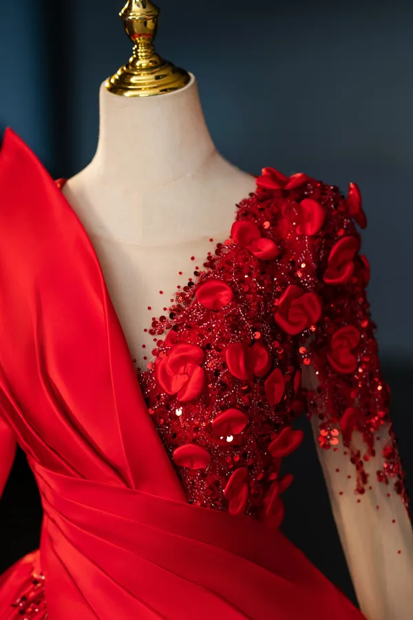 Vintage / Retro Red Beading Appliques Prom Dresses 2024 Ball Gown V-Neck Long Sleeve Backless Floor-Length / Long Prom Formal Dresses