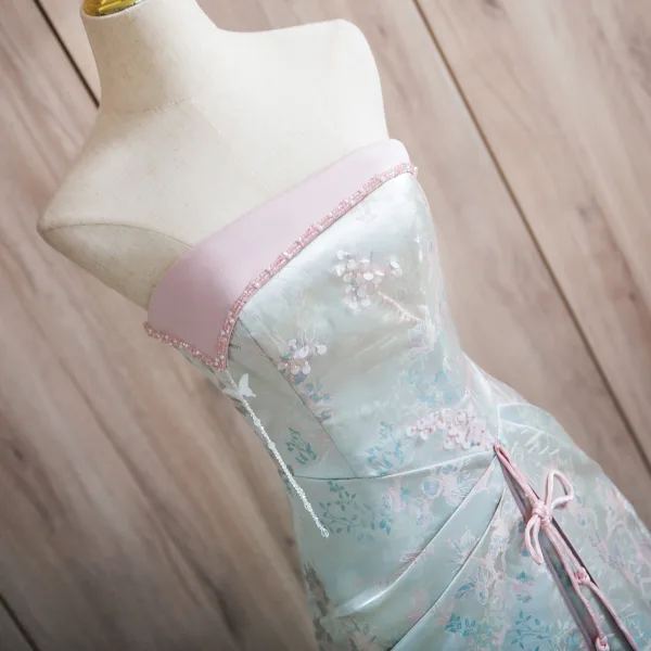 Chinese style Sky Blue Pearl Printing Split Front Prom Dresses 2024 A-Line / Princess Strapless Sleeveless Backless Floor-Length / Long Prom Formal Dresses