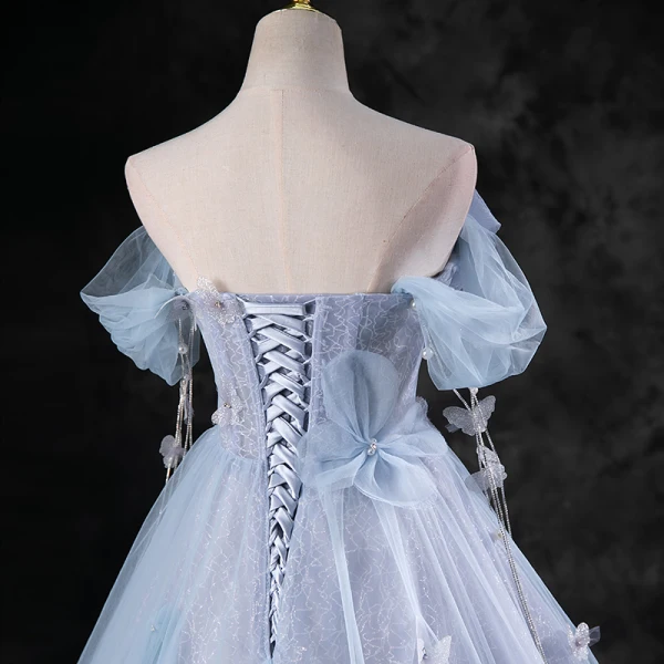 Charming Sky Blue Pearl Appliques Prom Dresses 2023 Ball Gown Off-The-Shoulder Sleeveless Backless Floor-Length / Long Prom Formal Dresses