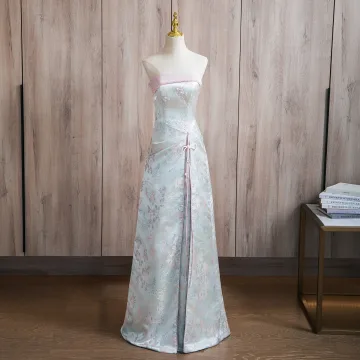 Chinese Style Sky Blue Pearl Printing Split Front Prom Dresses 2024 A Line Princess Strapless Sleeveless Backless Floor Length Long Prom Formal Dresses
