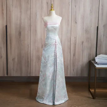 Chinese Style Sky Blue Pearl Printing Split Front Prom Dresses 2024 A Line Princess Strapless Sleeveless Backless Floor Length Long Prom Formal Dresses