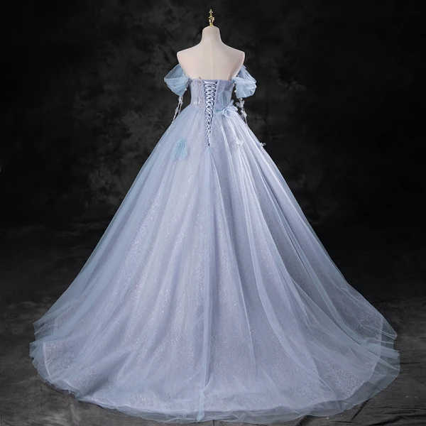 Charming Sky Blue Pearl Appliques Prom Dresses 2023 Ball Gown Off-The-Shoulder Sleeveless Backless Floor-Length / Long Prom Formal Dresses