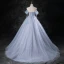 Charming Sky Blue Pearl Appliques Prom Dresses 2023 Ball Gown Off-The-Shoulder Sleeveless Backless Floor-Length / Long Prom Formal Dresses