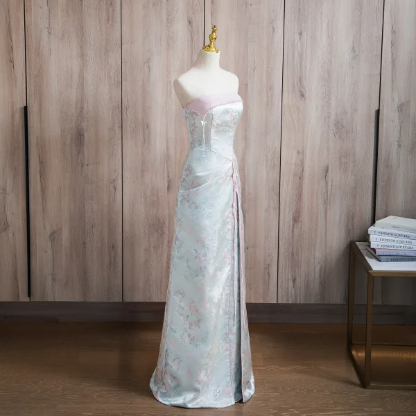Chinese style Sky Blue Pearl Printing Split Front Prom Dresses 2024 A-Line / Princess Strapless Sleeveless Backless Floor-Length / Long Prom Formal Dresses