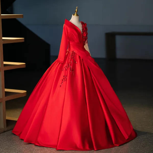 Vintage / Retro Red Beading Appliques Prom Dresses 2024 Ball Gown V-Neck Long Sleeve Backless Floor-Length / Long Prom Formal Dresses
