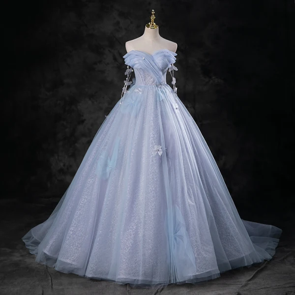 Charming Sky Blue Pearl Appliques Prom Dresses 2023 Ball Gown Off-The-Shoulder Sleeveless Backless Floor-Length / Long Prom Formal Dresses