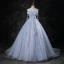 Charming Sky Blue Pearl Appliques Prom Dresses 2023 Ball Gown Off-The-Shoulder Sleeveless Backless Floor-Length / Long Prom Formal Dresses