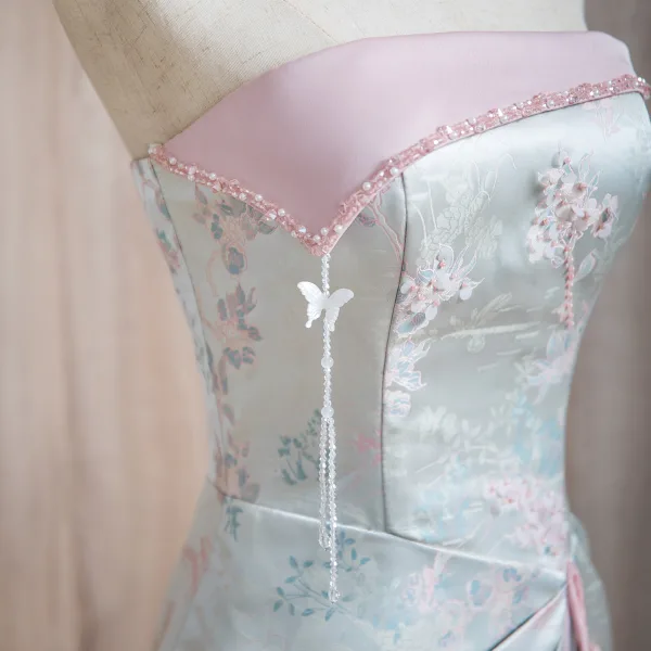 Chinese style Sky Blue Pearl Printing Split Front Prom Dresses 2024 A-Line / Princess Strapless Sleeveless Backless Floor-Length / Long Prom Formal Dresses