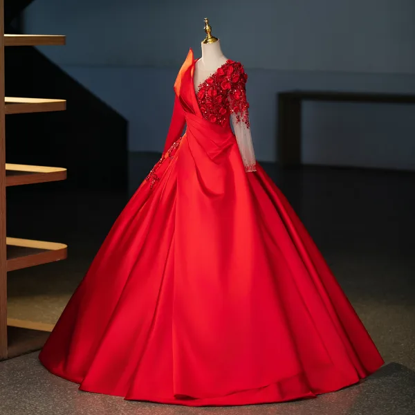 Vintage / Retro Red Beading Appliques Prom Dresses 2024 Ball Gown V-Neck Long Sleeve Backless Floor-Length / Long Prom Formal Dresses