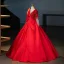 Vintage / Retro Red Beading Appliques Prom Dresses 2024 Ball Gown V-Neck Long Sleeve Backless Floor-Length / Long Prom Formal Dresses