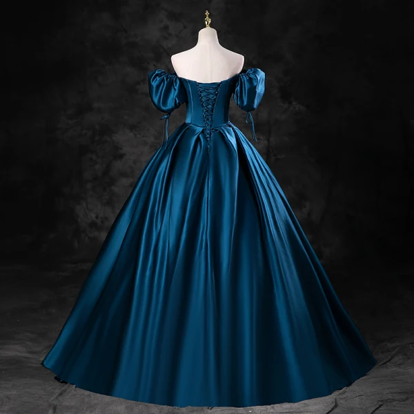 Vintage Retro Ink Blue Satin Prom Dresses 2023 Ball Gown Square Neckline Puffy Short Vintage Retro Ink Blue Satin Prom Dresses 2023 Ball Gown Square Neckline Puffy Short