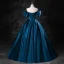 Vintage / Retro Ink Blue Satin Prom Dresses 2023 Ball Gown Square Neckline Puffy Short Sleeve Backless Floor-Length / Long Prom Formal Dresses
